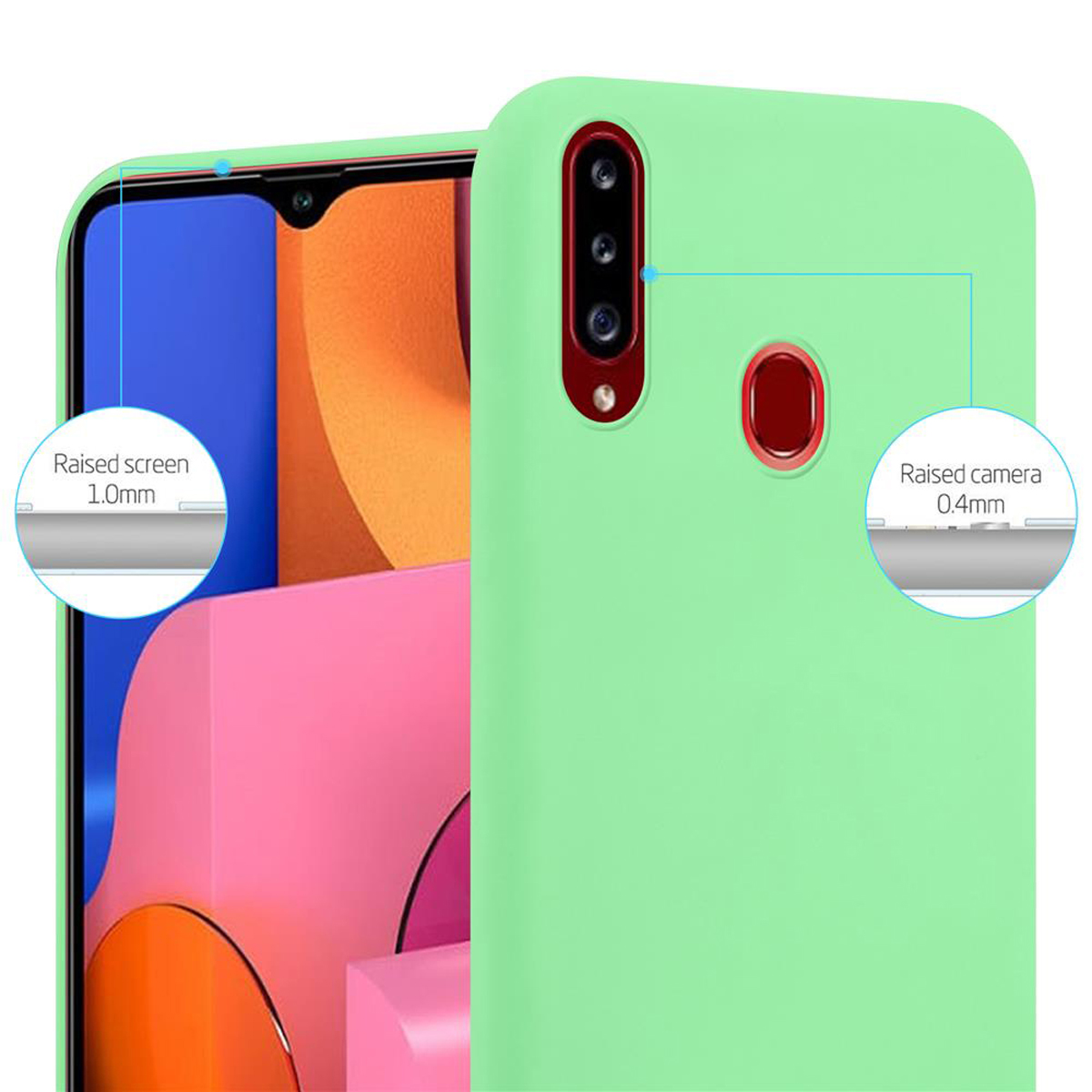 Una custodia verde per telefono su un telefono. Ha bordi rialzati per schermo e fotocamera.