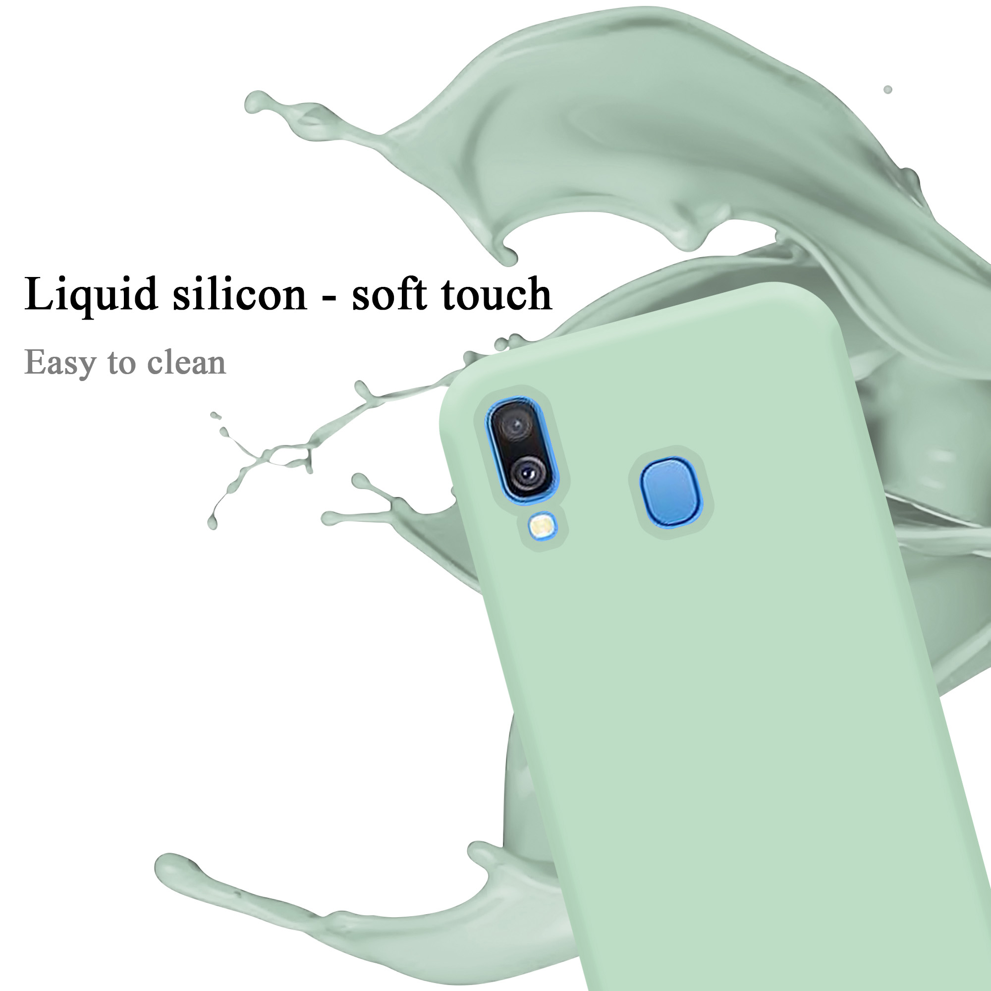 Una custodia per telefono verde chiaro con un'esplosione di liquido. Testo: 'Silicone liquido - tocco morbido' e 'Facile da pulire'.