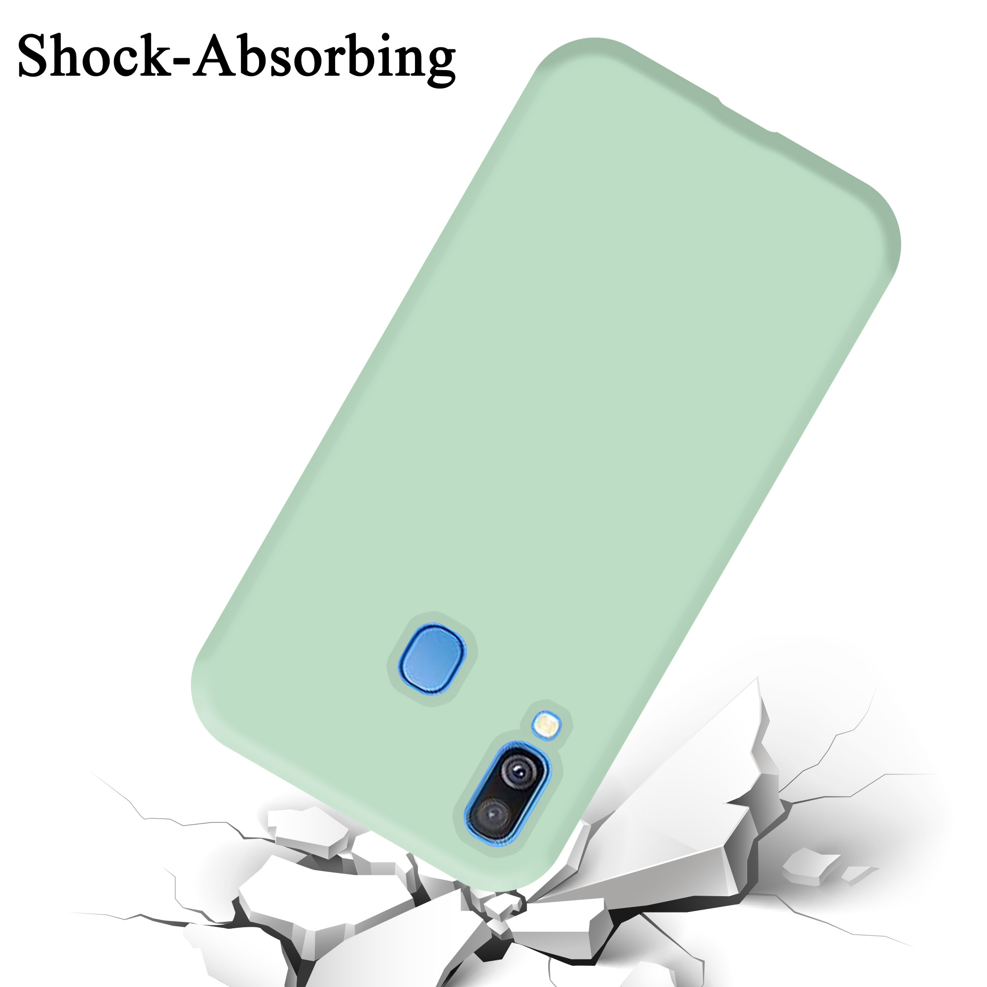 Una custodia per telefono verde che cade su una superficie bianca. Le parole Shock-Absorbing sono in alto.