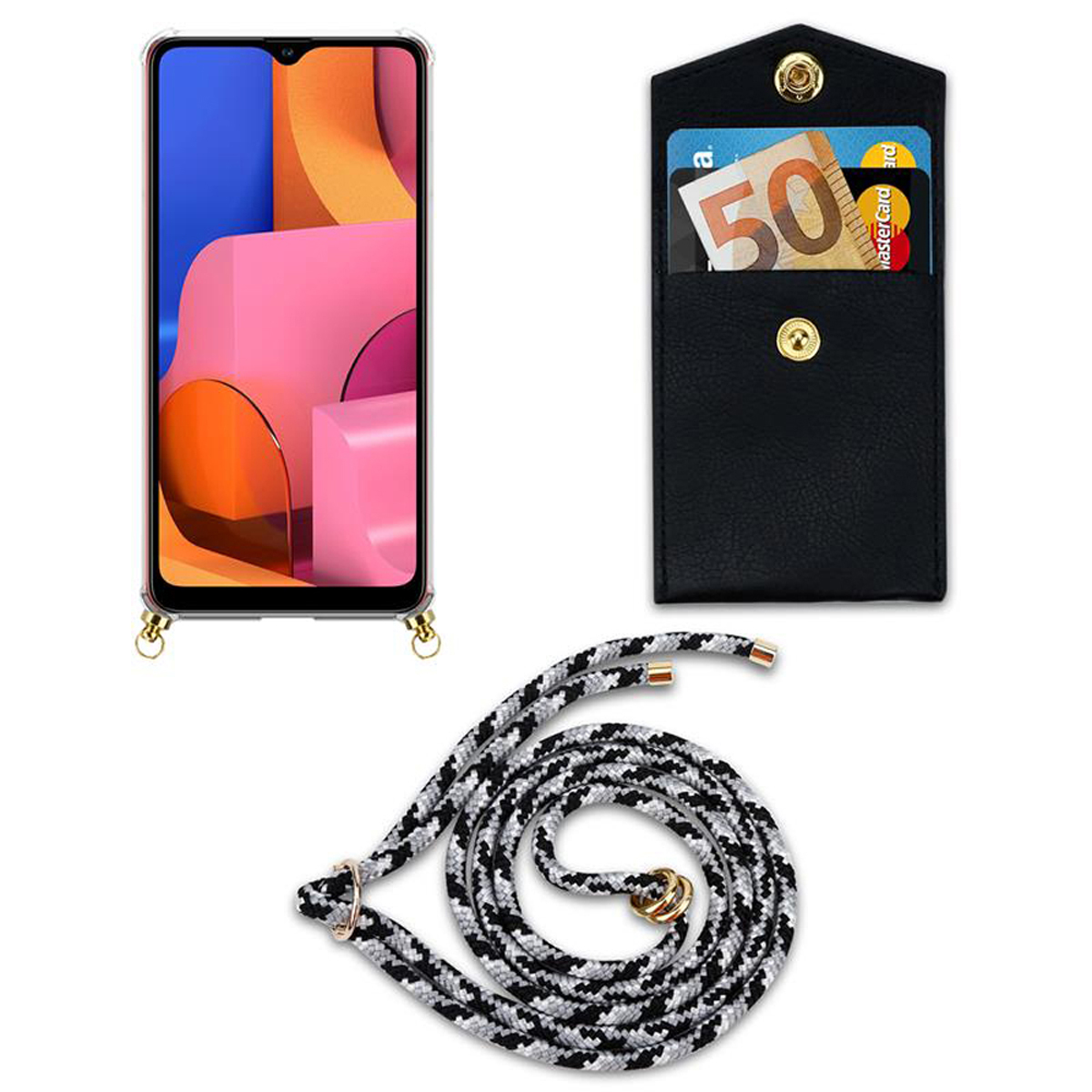 CADORABO Handy Kette mit Gold Samsung, SCHWARZ abnehmbarer Ringen, Backcover, und Band CAMOUFLAGE Hülle, Kordel A21, Galaxy