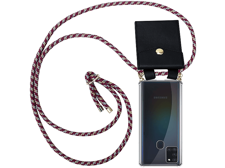 CADORABO Handy Kette mit Gold Ringen, Kordel Band und abnehmbarer Hülle, Backcover, Samsung, Galaxy A21s, ROT GELB WEIß