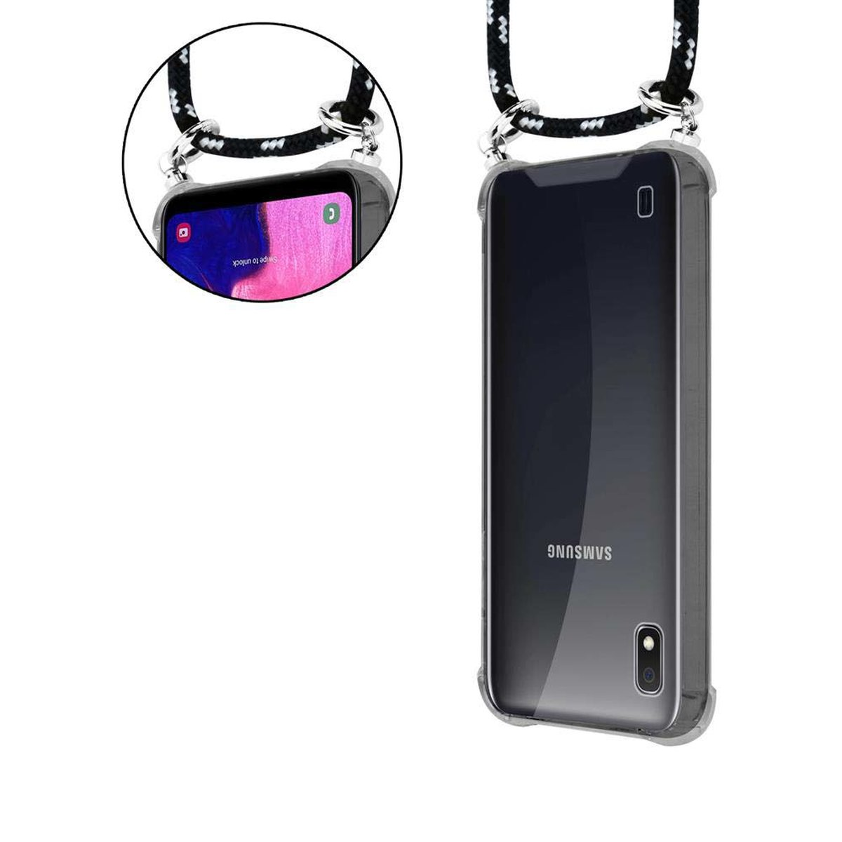 Kordel SCHWARZ Handy A10 Galaxy abnehmbarer SILBER Band / Backcover, Ringen, Samsung, M10, CADORABO Silber Hülle, und Kette mit