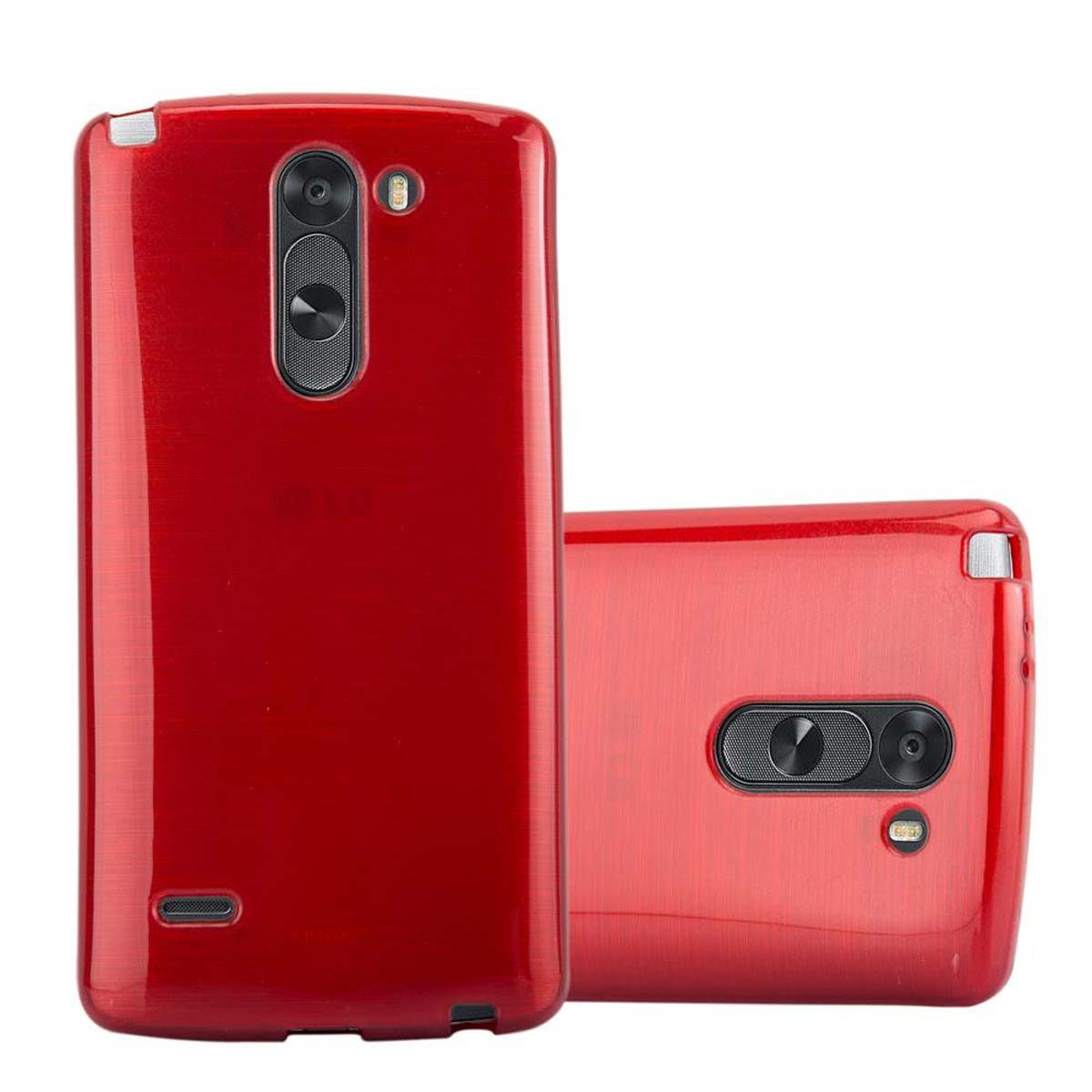Dos fundas rojas para teléfono. Una en la funda, otra inclinada. Ambas tienen recortes para la cámara.