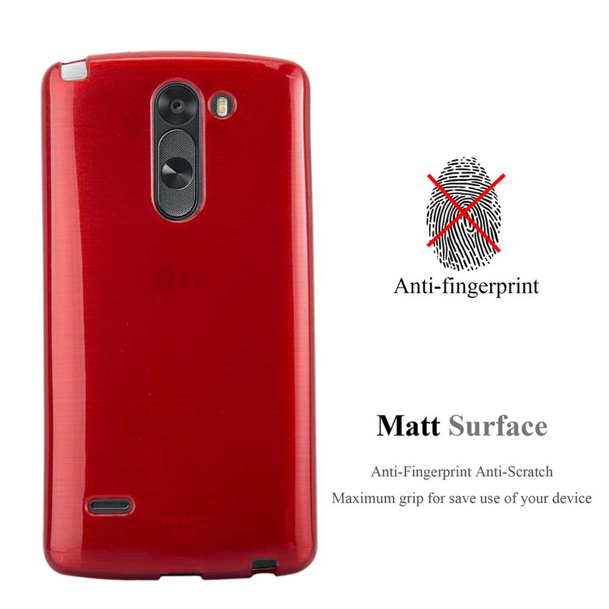 Funda roja, superficie mate, con texto anti-huellas y un símbolo de huella dactilar.
