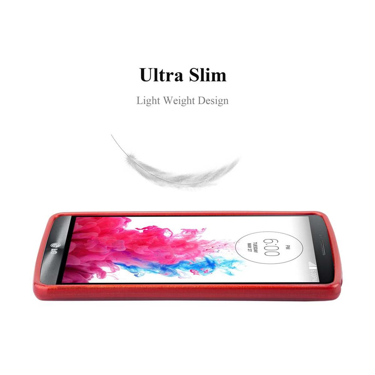 Teléfono rojo con texto blanco y un gráfico de pluma. El teléfono tiene un borde rojo y pantalla rosa y azul.