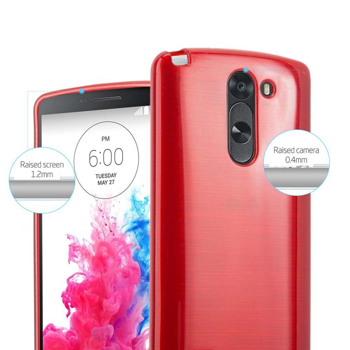 Funda roja para teléfono con detalles sobre la pantalla y la cámara, mostrando un teléfono en el interior.