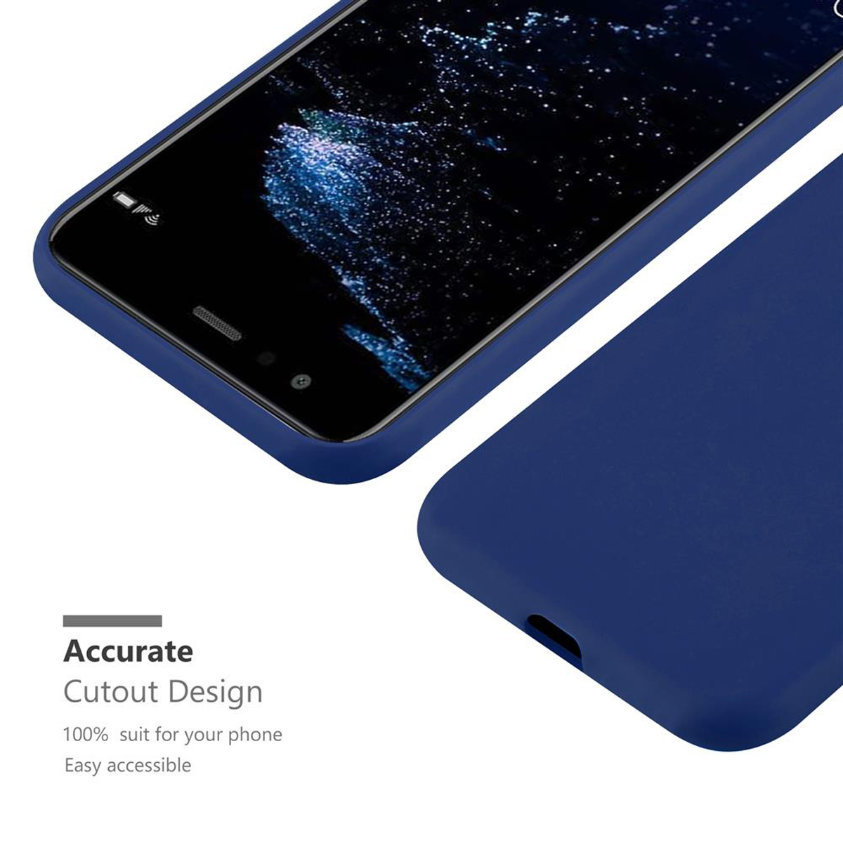 Primo piano di una custodia blu. Parte dello schermo visibile. Testo: Accurate Cutout Design.