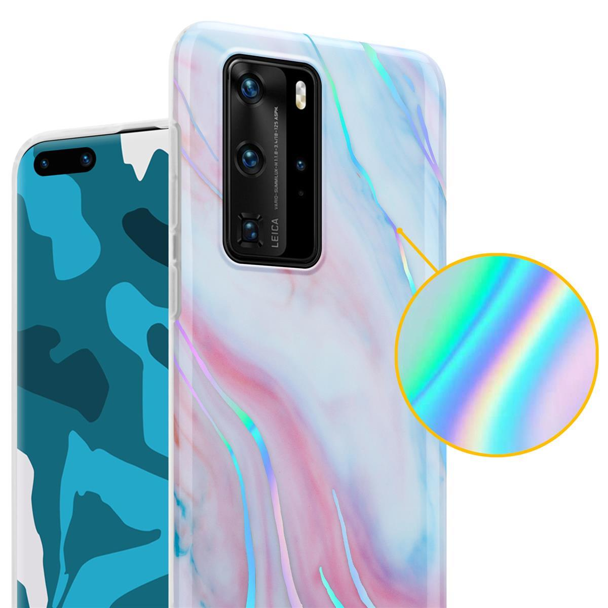 Primo piano di custodie per telefono. Una con design marmorizzato, l'altra mimetica blu.