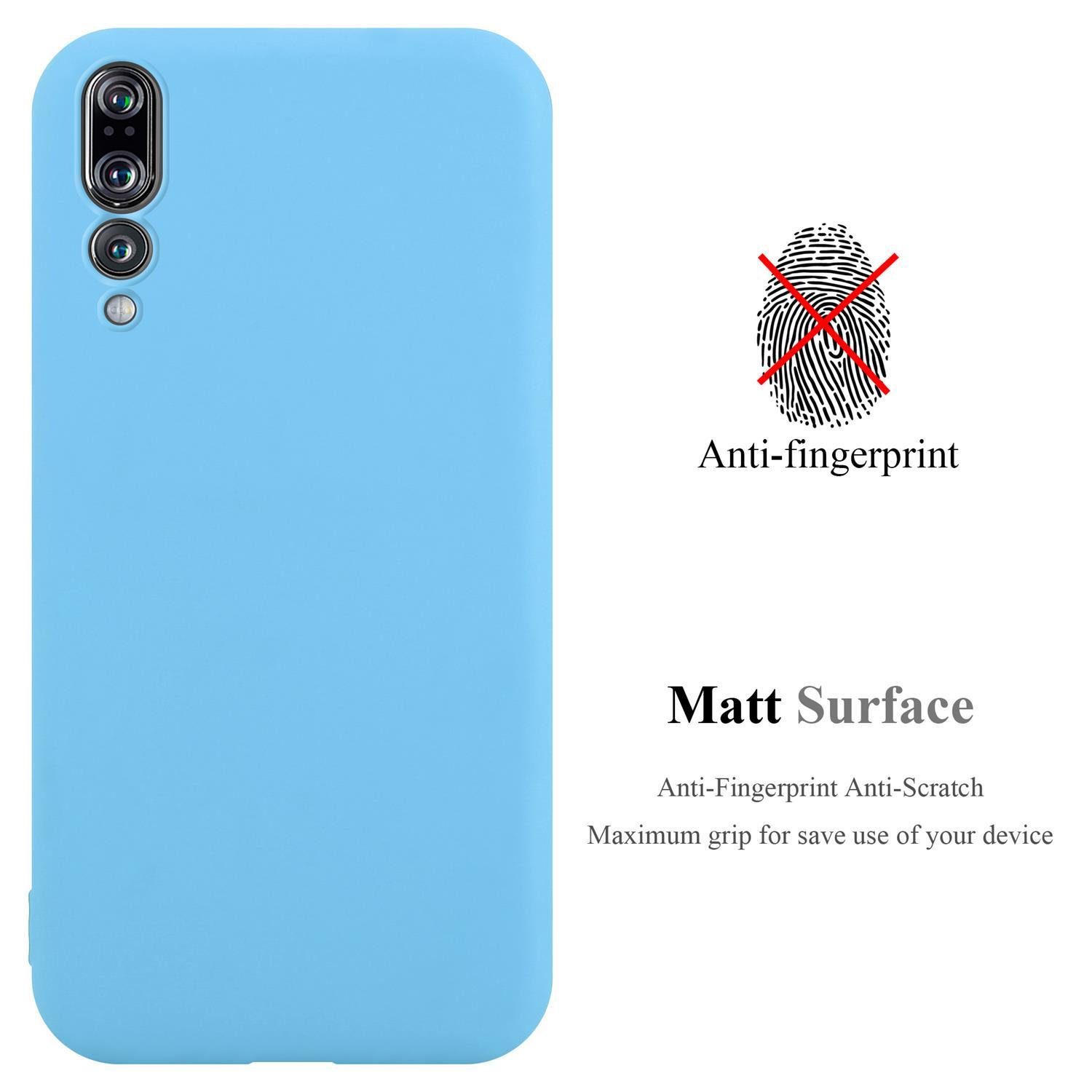 Custodia per telefono blu con icona dell'impronta digitale sbarrata. Testo: Anti-impronta, Superficie opaca, Antigraffio.
