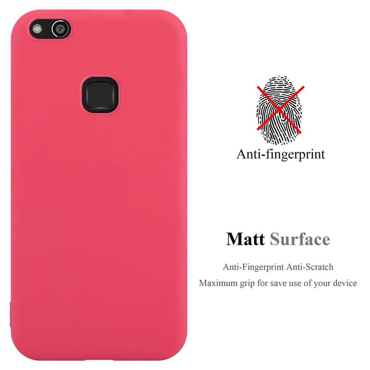 Una custodia per telefono rosa con un simbolo di impronta digitale rosso e testo. La custodia ha una superficie opaca.