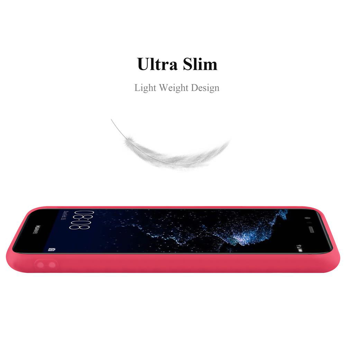 Un telefono rosso su una superficie bianca. Testo: Ultra Slim, Design leggero, con una piuma.