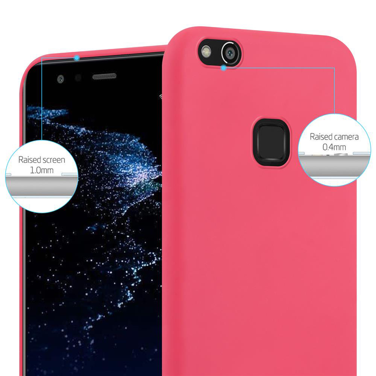 Primo piano di un telefono rosa con schermo e fotocamera rialzati. Il testo indica le funzionalità in rilievo.