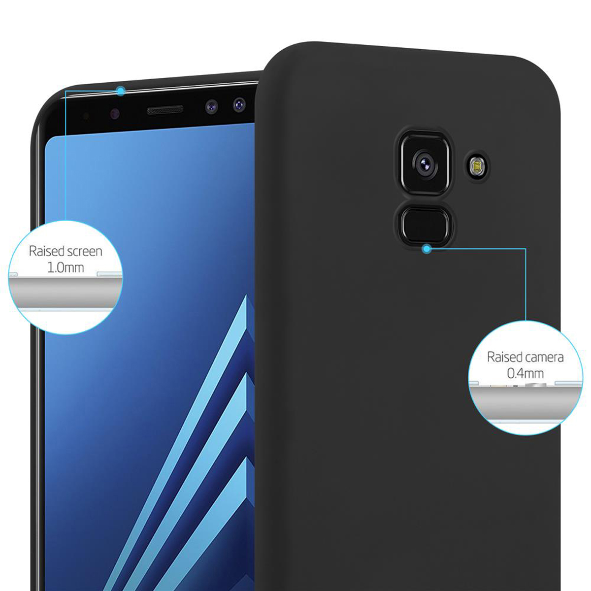 Custodia nera per telefono con schermo e fotocamera rialzati, in primo piano con schermo blu.