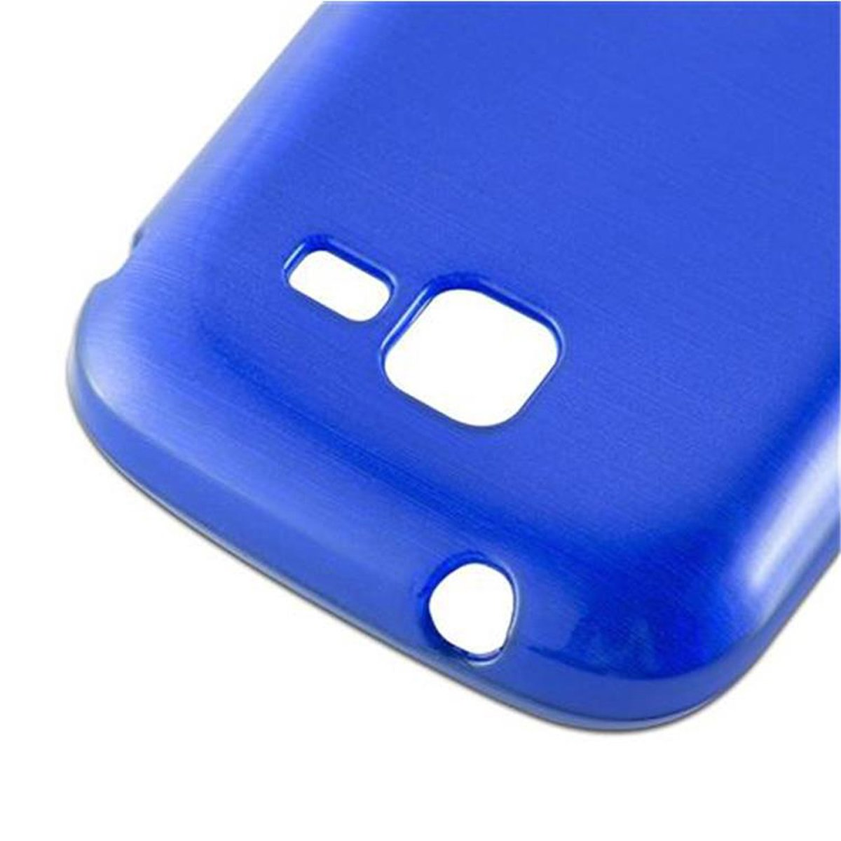 Nahaufnahme einer blauen Handyhülle. Sie hat Aussparungen für die Kamera etc.