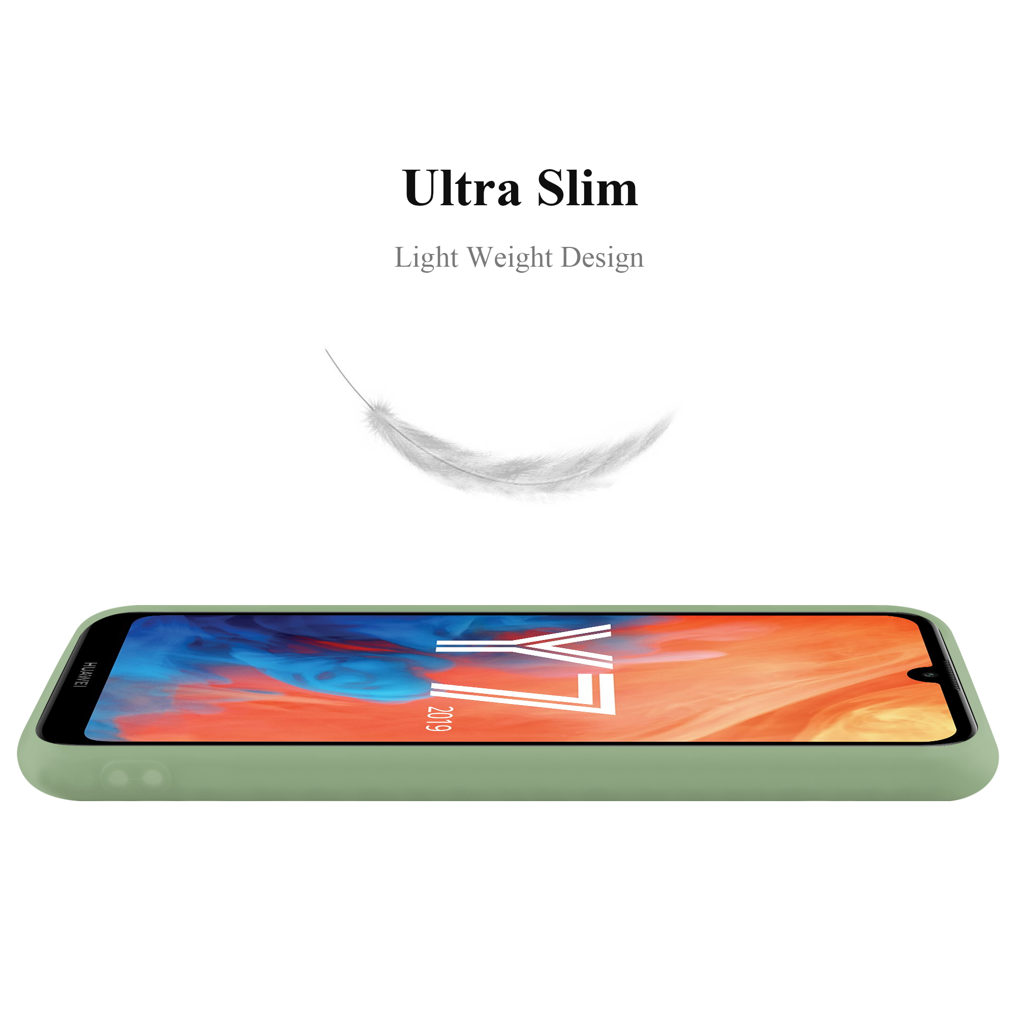 Una custodia verde con telefono. Testo: 'Ultra Slim'. Sfondo bianco.