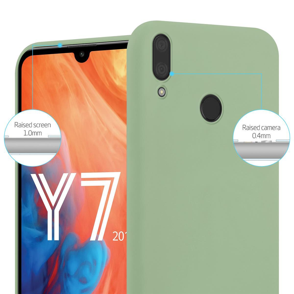 Una custodia verde per telefono con il telefono all'interno. La custodia ha bordi rialzati per lo schermo e la fotocamera.
