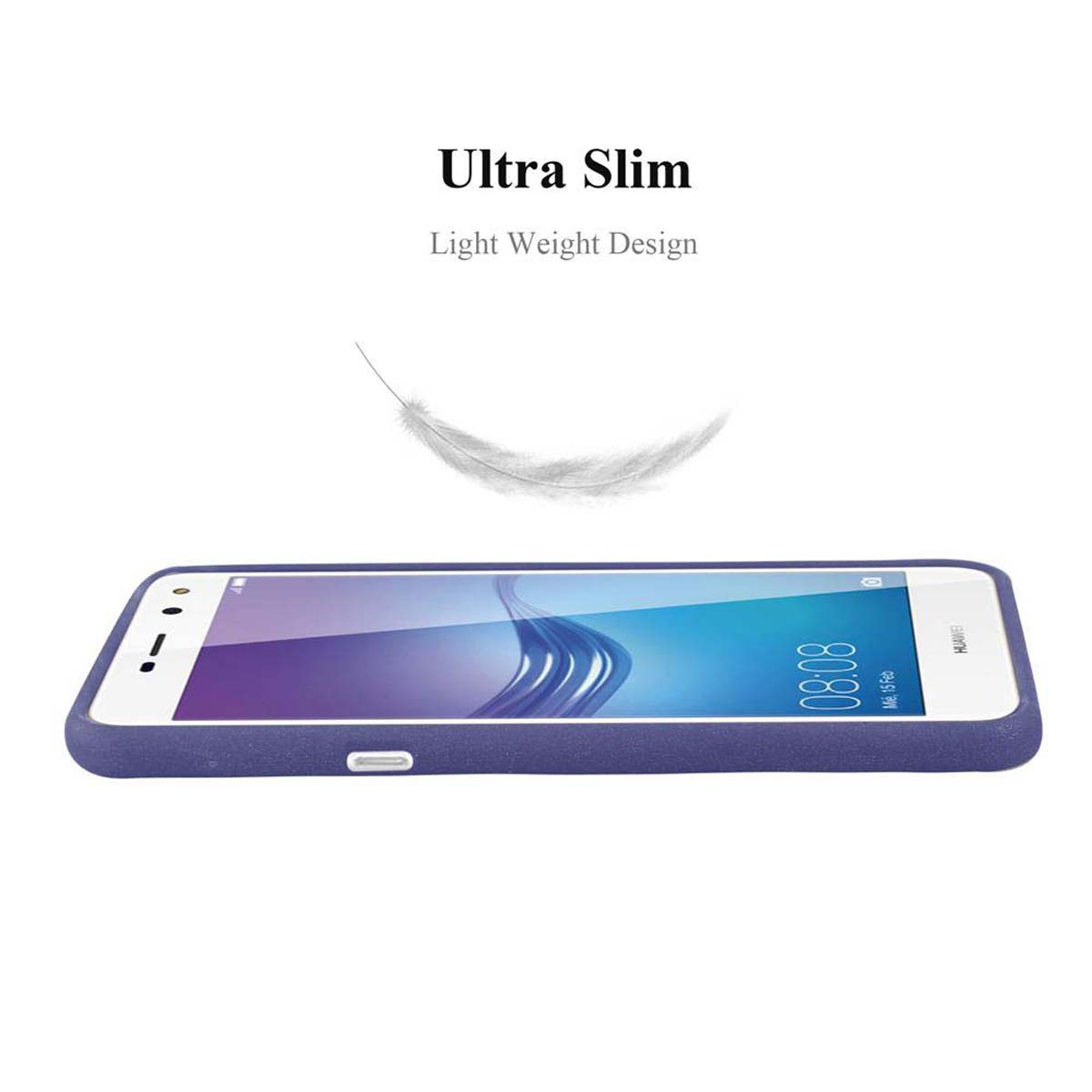 Un telefono in una custodia viola. Il testo indica un design ultra sottile e leggero.