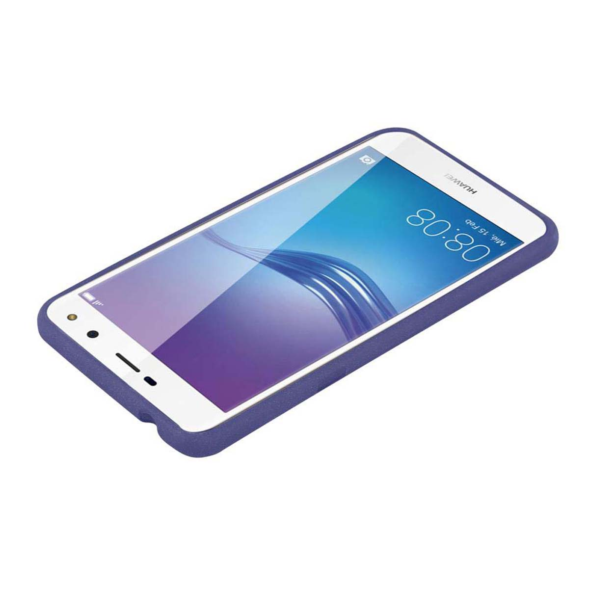 Telefono in una custodia blu su una superficie bianca. Lo schermo è visibile.