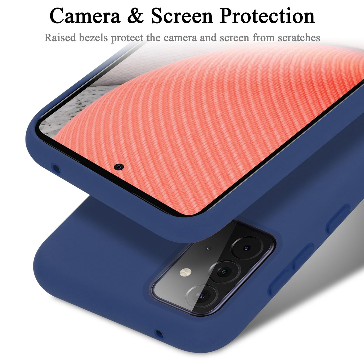 Una custodia blu per telefono mostra la fotocamera e lo schermo. Il testo in alto dice 'Protezione fotocamera e schermo'.