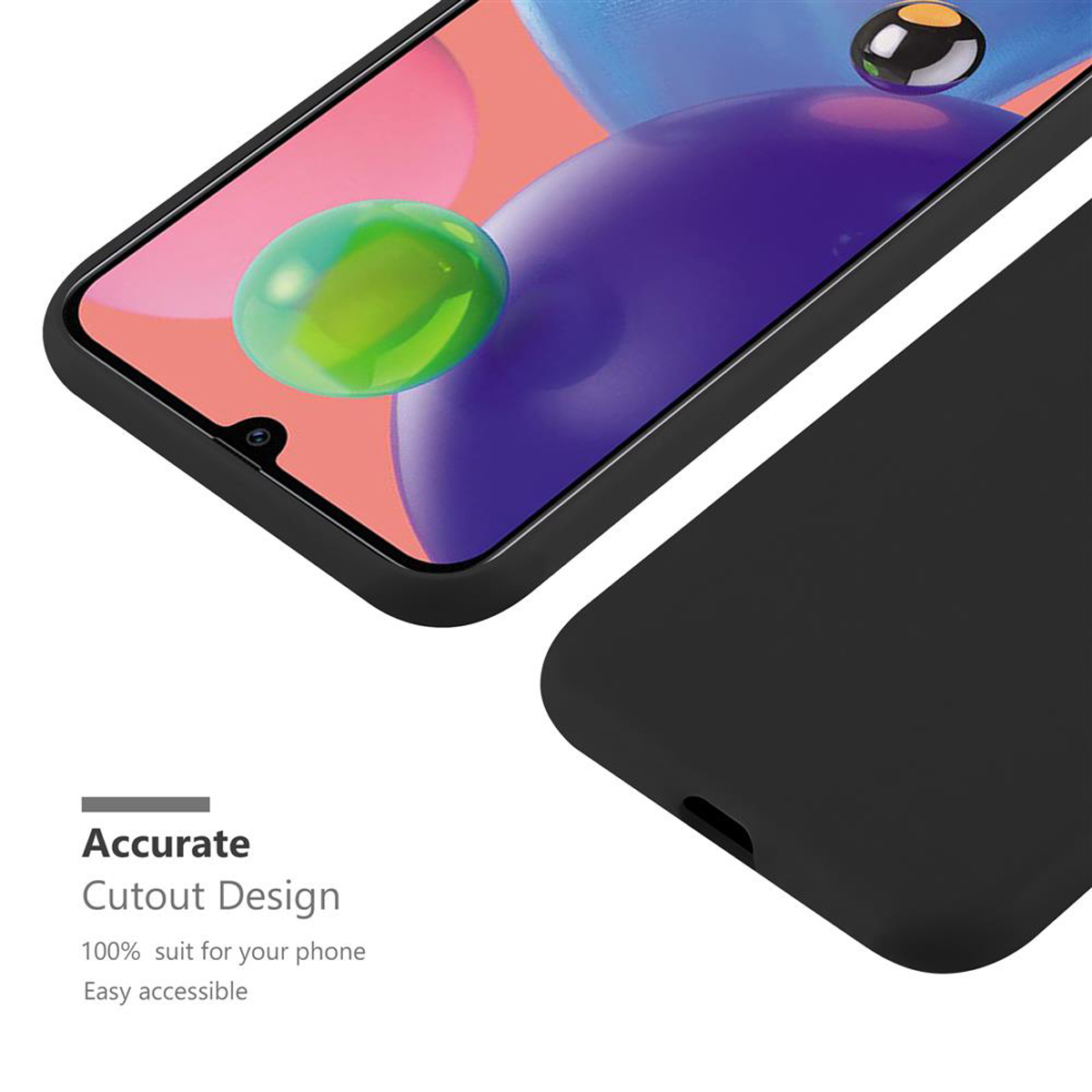 Schwarze Handyhülle auf einem Telefon mit Display. Text: 'Präzises Cutout-Design'.