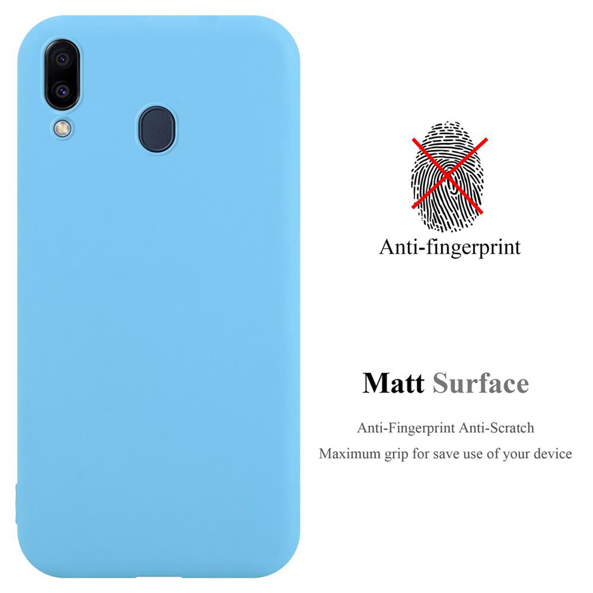 Una custodia blu per telefono con testo e un simbolo di impronta digitale, che indica anti-impronte e antigraffio.