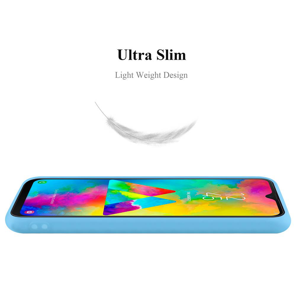 Custodia blu per telefono su sfondo bianco. Testo: Ultra Slim, Design leggero. Una piuma bianca fluttua sopra.
