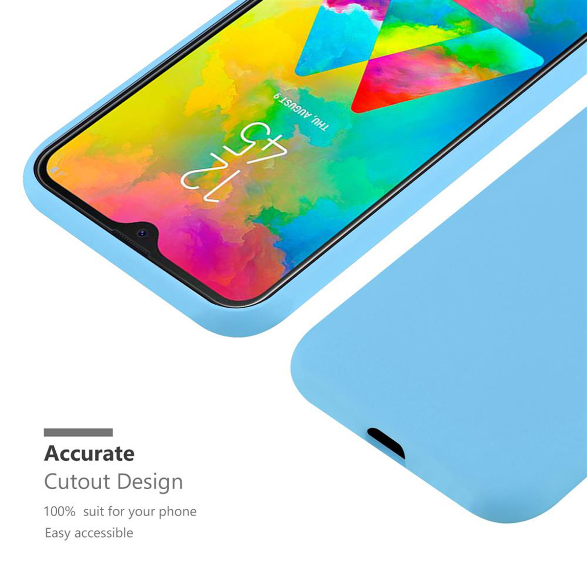 Custodia blu per telefono su un telefono con display colorato. Testo: 'Design preciso con ritaglio'.