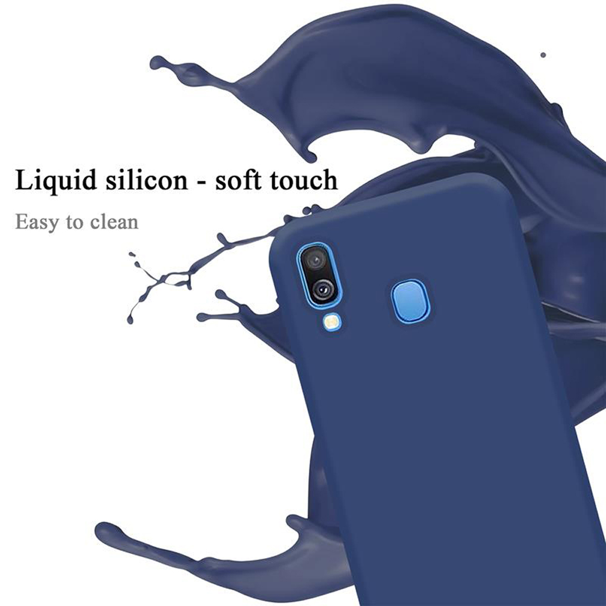 Custodia blu con schizzo di vernice blu. Testo: Silicone liquido - tocco morbido, facile da pulire.