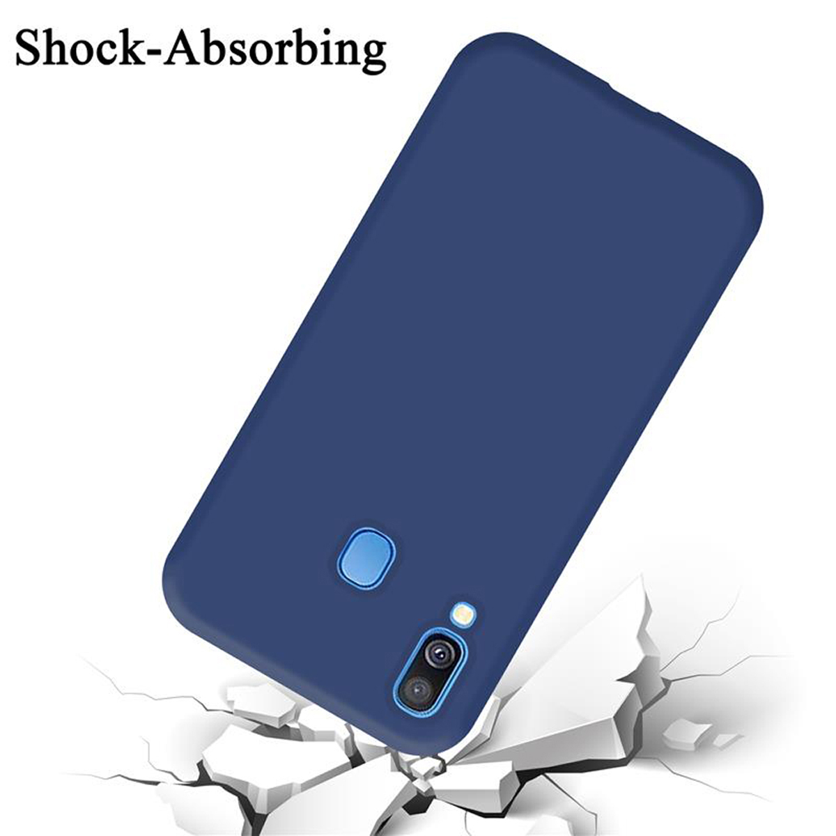 Un telefono blu e una custodia blu. Il telefono sta cadendo e la custodia è antiurto.