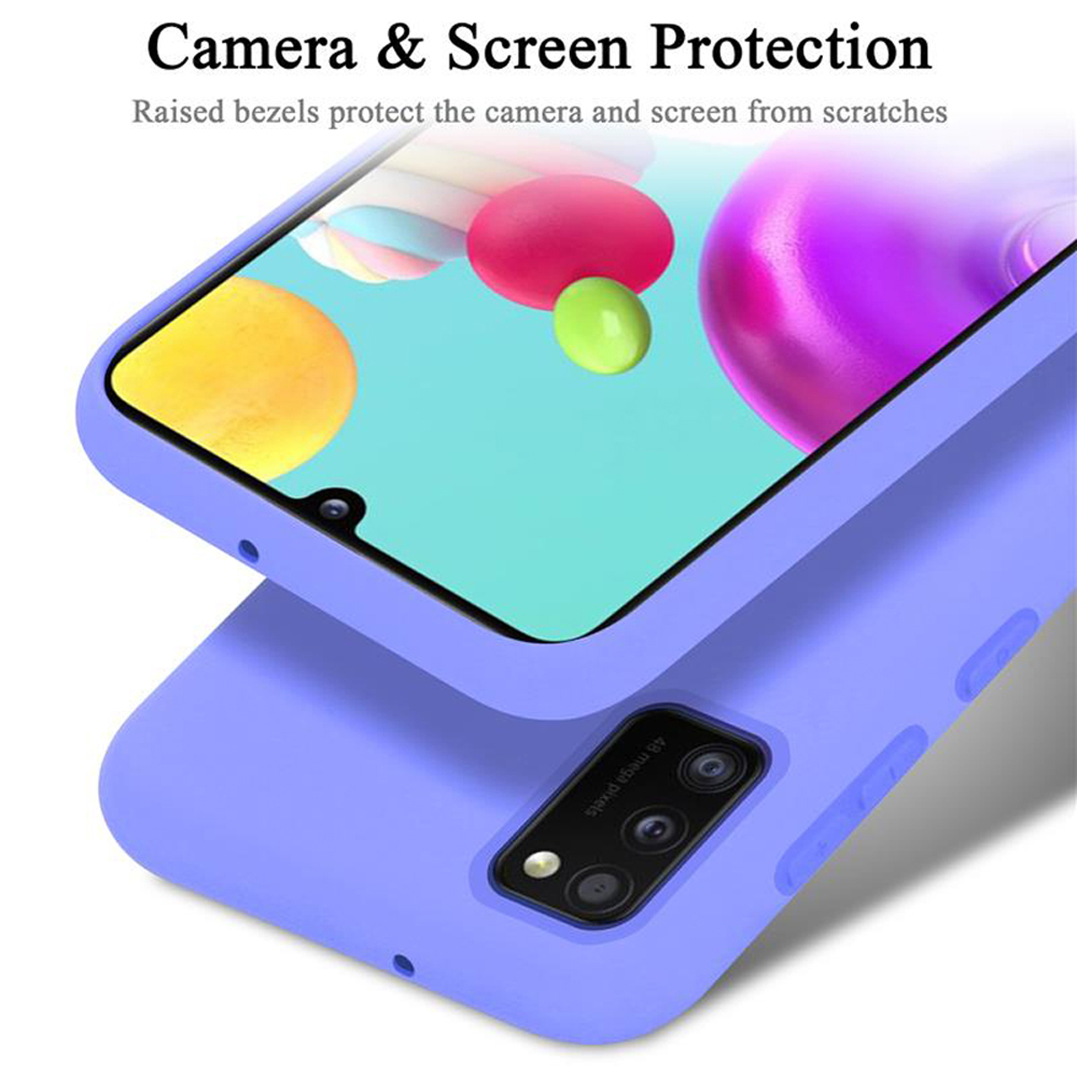 Viene mostrata una custodia per telefono. È viola, con un telefono all'interno. La fotocamera è visibile.