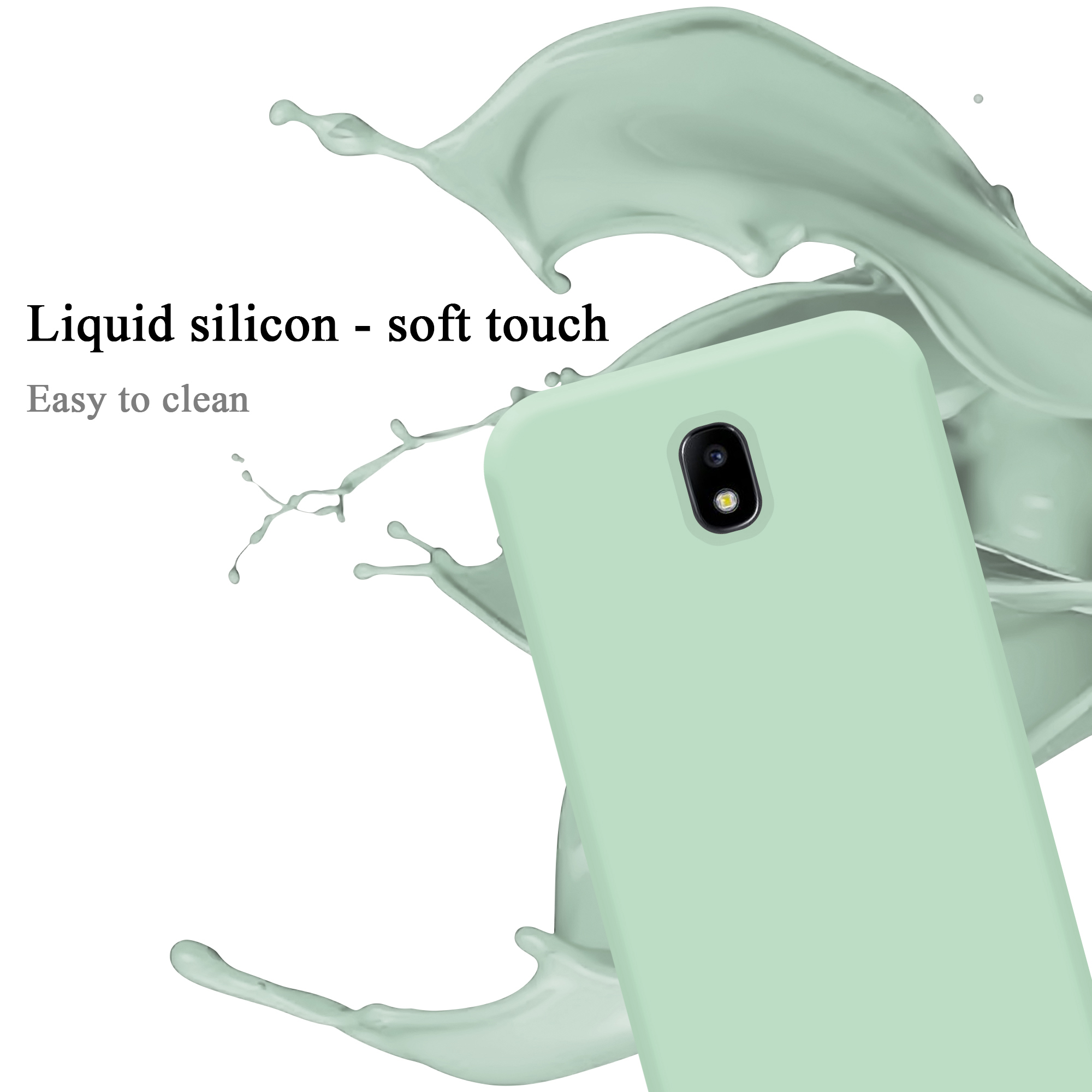 Custodia per telefono color menta con testo 'Liquid silicon - soft touch' e telefono.