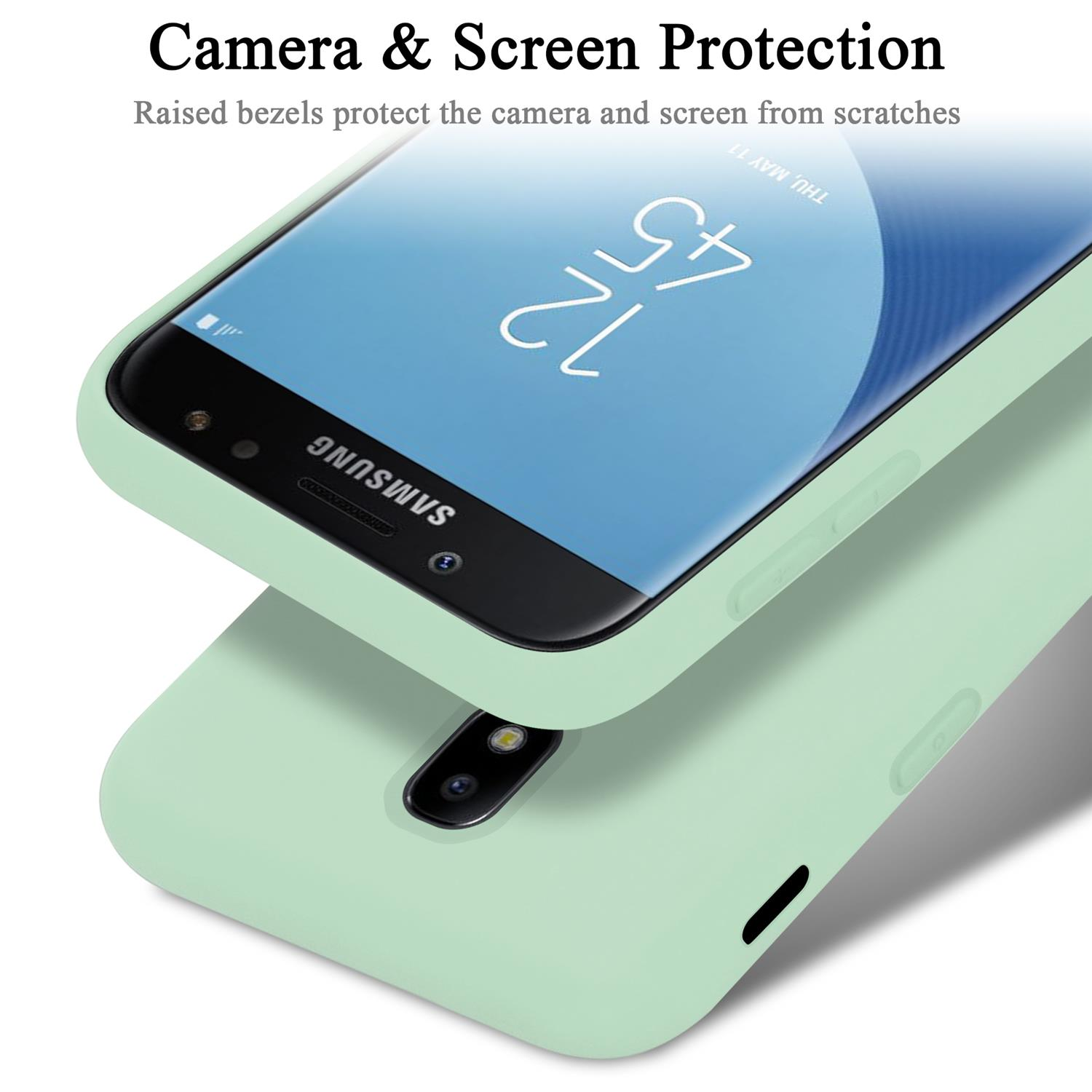 Una custodia verde menta protegge un telefono Samsung. La custodia è mostrata sopra un'altra custodia.