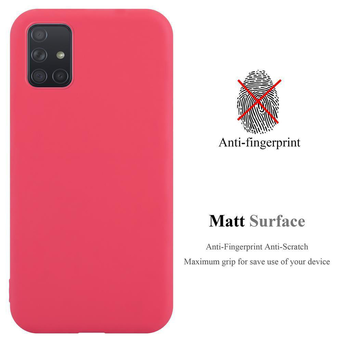 Una custodia rossa per telefono. Ha un ritaglio per la fotocamera ed è etichettata 'Anti-fingerprint' e 'Matt Surface'.