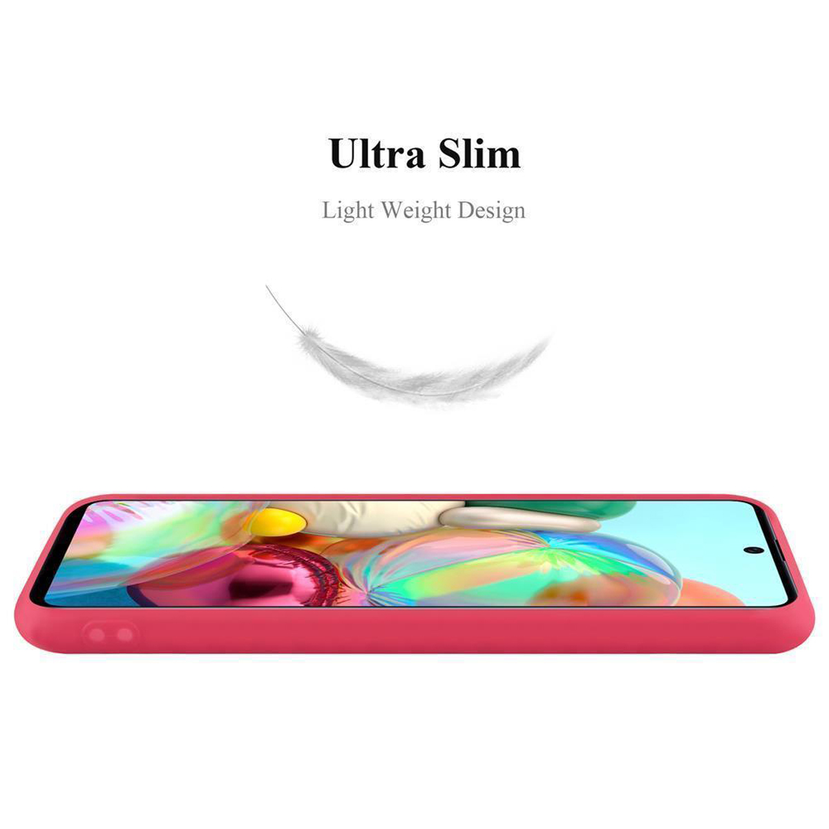 Una custodia per telefono rossa con un telefono dentro. Una piuma sopra. Testo: 'Ultra Slim' e 'Light Weight Design'.