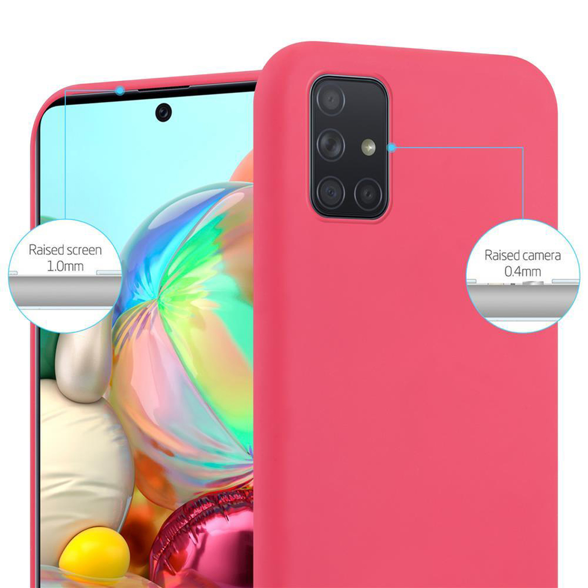 Custodia per telefono rossa, primo piano che mostra fotocamera e schermo rialzati.