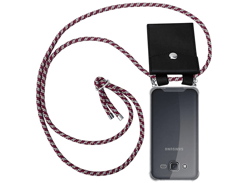 2015, Ringen, J5 CADORABO Samsung, mit Hülle, und Kette Galaxy Silber GELB ROT Band Kordel Backcover, Handy WEIß abnehmbarer