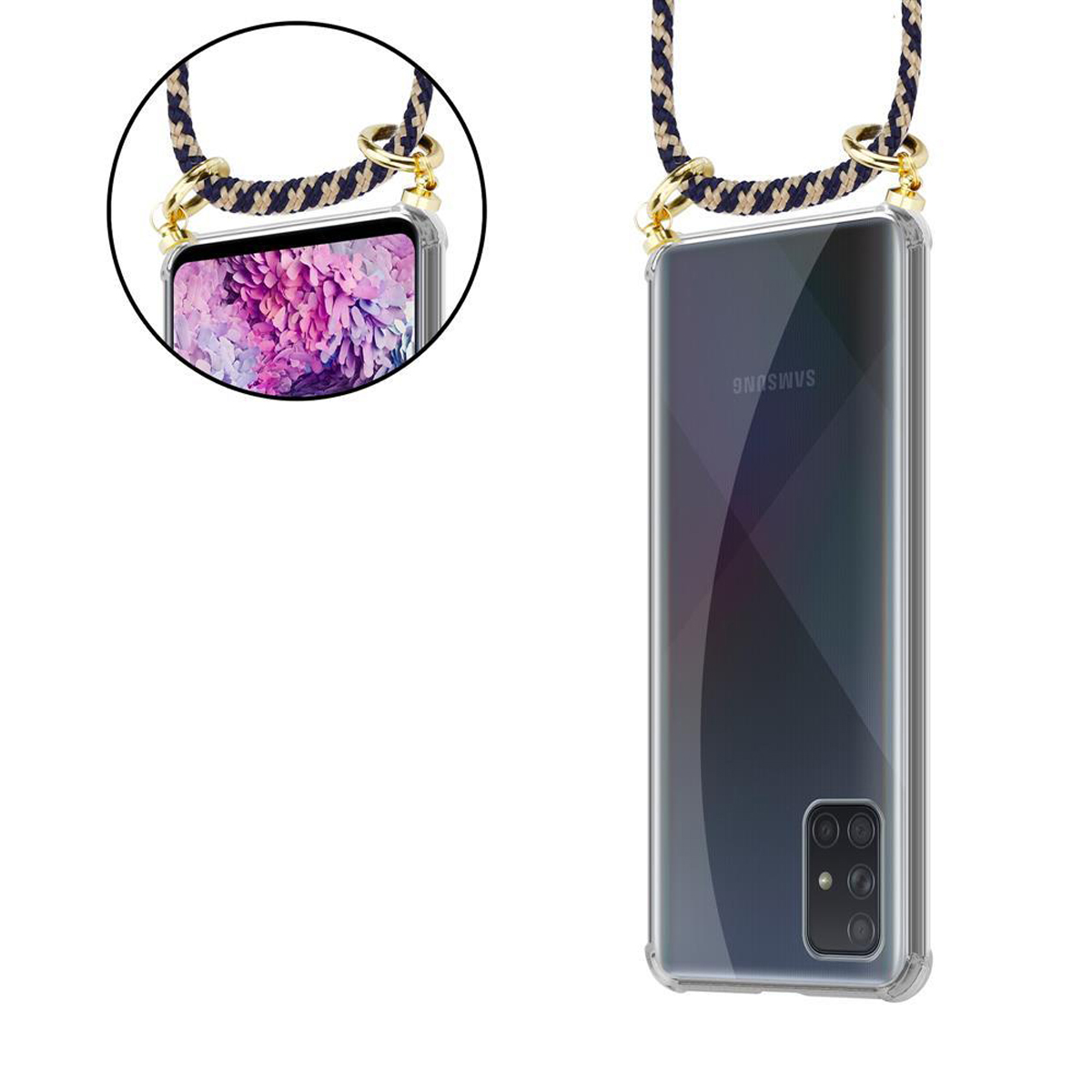 Telefono, custodia trasparente e cordino. Il cordino è blu navy e oro. Il telefono ha uno sfondo floreale.