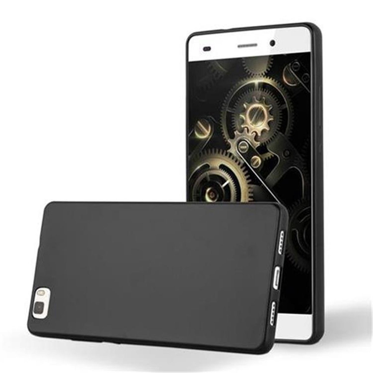 Teléfono negro con funda negra. El teléfono está encima de la funda. El teléfono tiene engranajes en la pantalla.