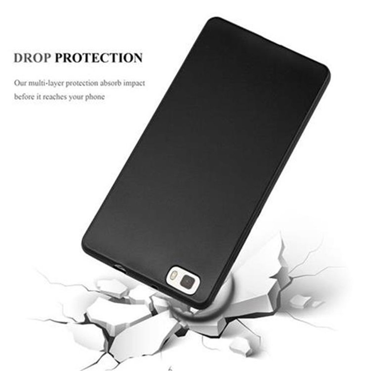 Funda negra para teléfono sobre superficie blanca agrietada. Protección contra caídas. La funda es negra.