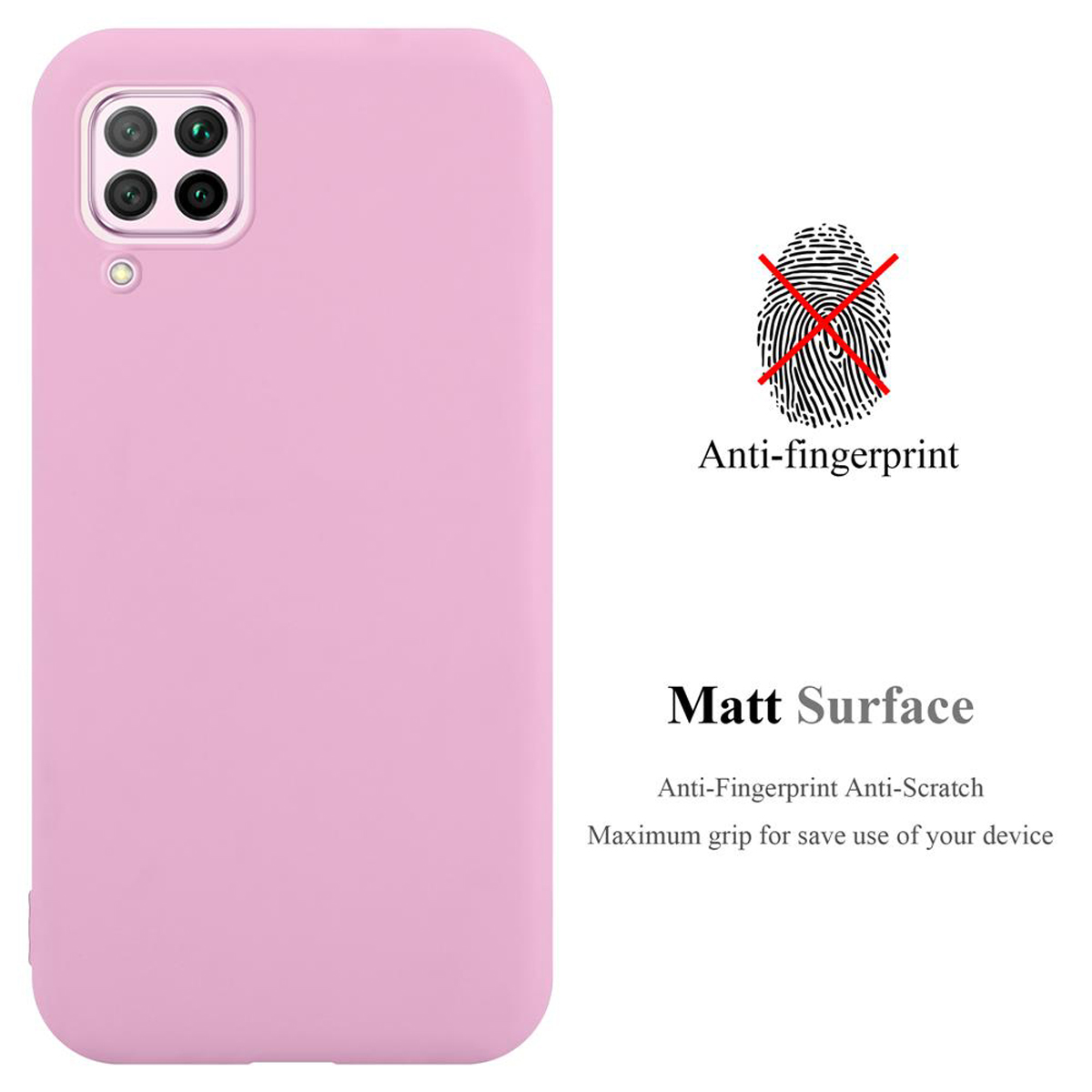 Eine rosa Handyhülle mit einer fingerabdruckresistenten Oberfläche. Der Text lautet Matt Surface.