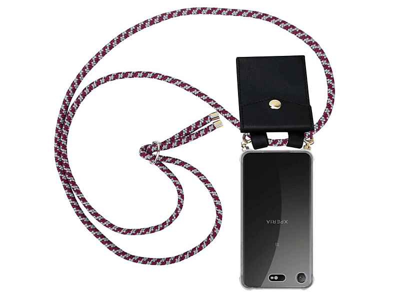 CADORABO Handy Kette mit Gold Ringen, Kordel Band und abnehmbarer Hülle, Backcover, Sony, Xperia XZ1 COMPACT, ROT WEIß