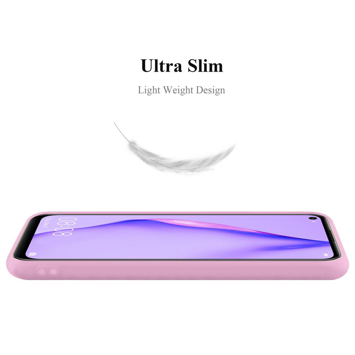 Eine rosa Handyhülle mit einem Telefon darin. Die Worte 'Ultra Slim' und eine Federgrafik stehen oben.