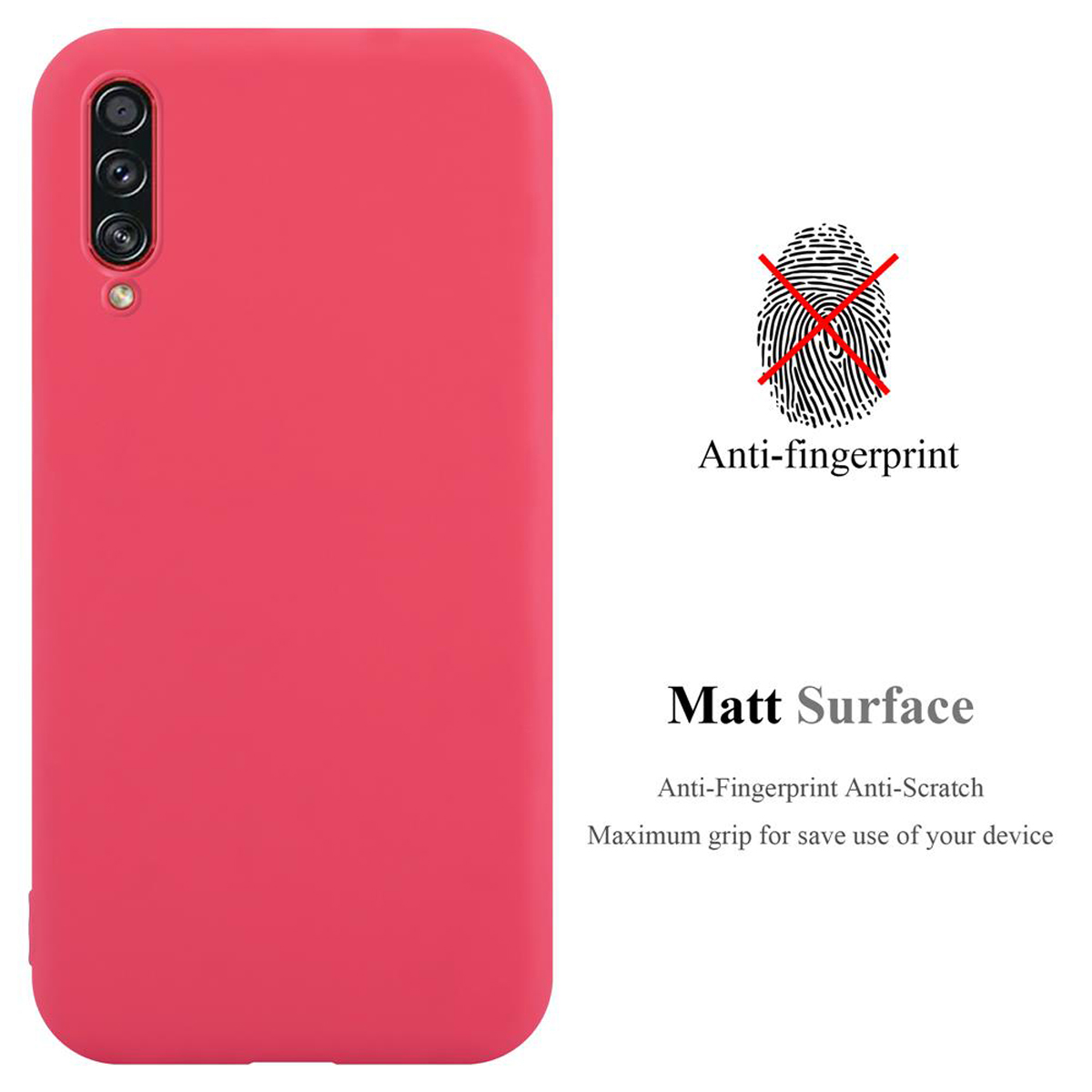 Rote Handyhülle mit durchgestrichenem Fingerabdrucksymbol und dem Text 'Matt Surface'.