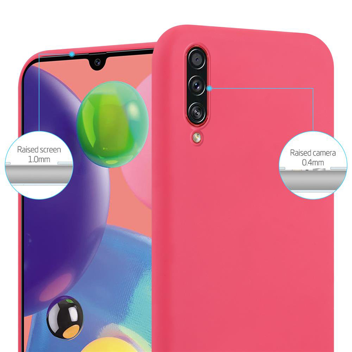 Rote Handyhülle. Erhöhter Bildschirm 1,0 mm. Erhöhte Kamera 0,4 mm. Telefonbildschirm im Hintergrund.