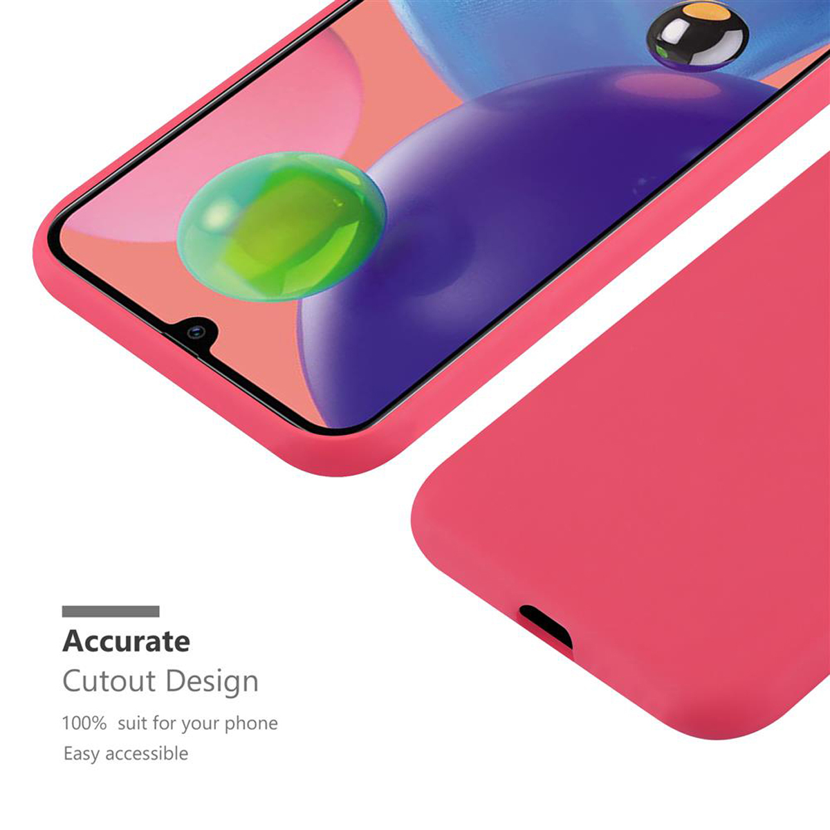 Eine rosa Handyhülle schützt einen Telefonbildschirm. Die Hülle hat einen Ausschnitt für die Kamera.