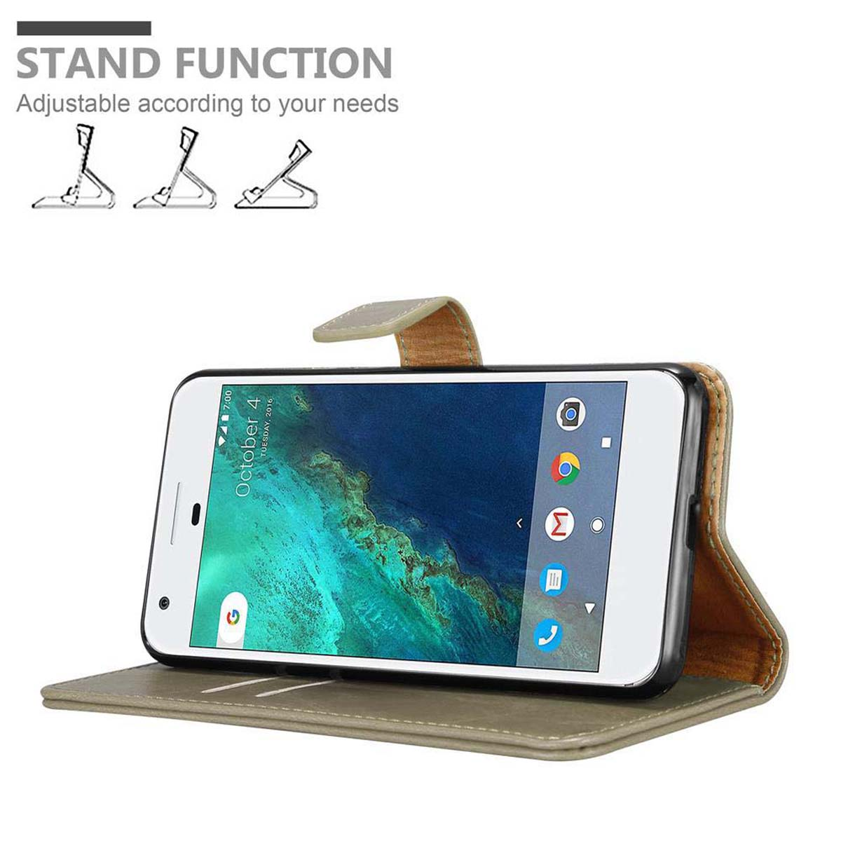 Un telefono in una custodia con funzione stand, su una superficie, con il testo 'Stand Function' e grafiche.