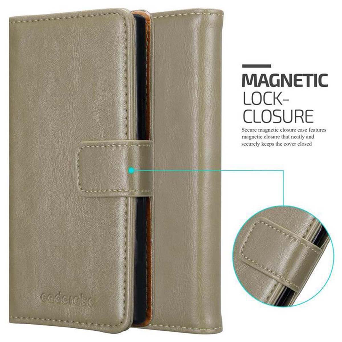 Custodia beige parzialmente aperta, con chiusura magnetica. Testo 'Magnetic Lock-Closure'.
