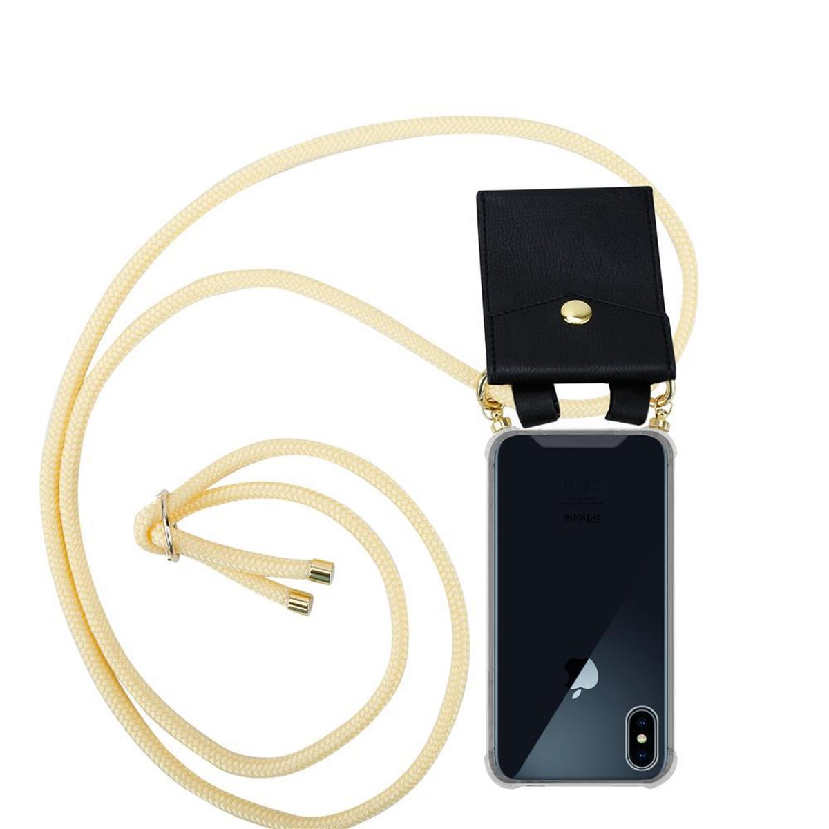 Custodia per telefono con cordino giallo e supporto nero a portafoglio, che tiene un telefono.
