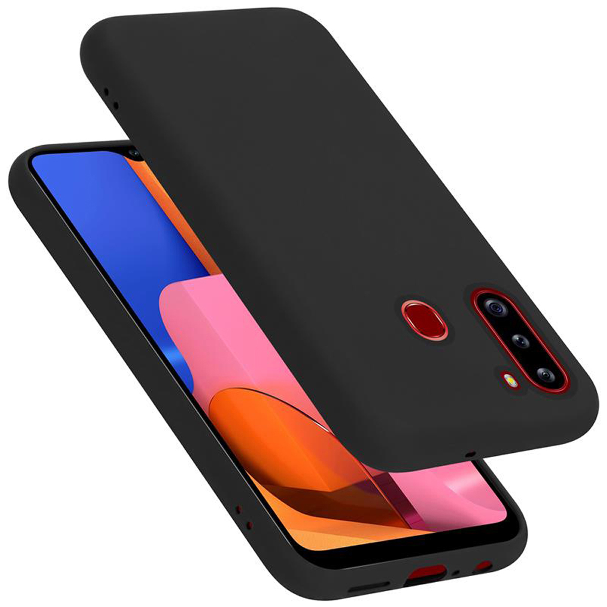 Schwarze Handyhülle mit schwarzem Telefon. Der Telefonbildschirm zeigt einen rosa-orangenen Hintergrund.