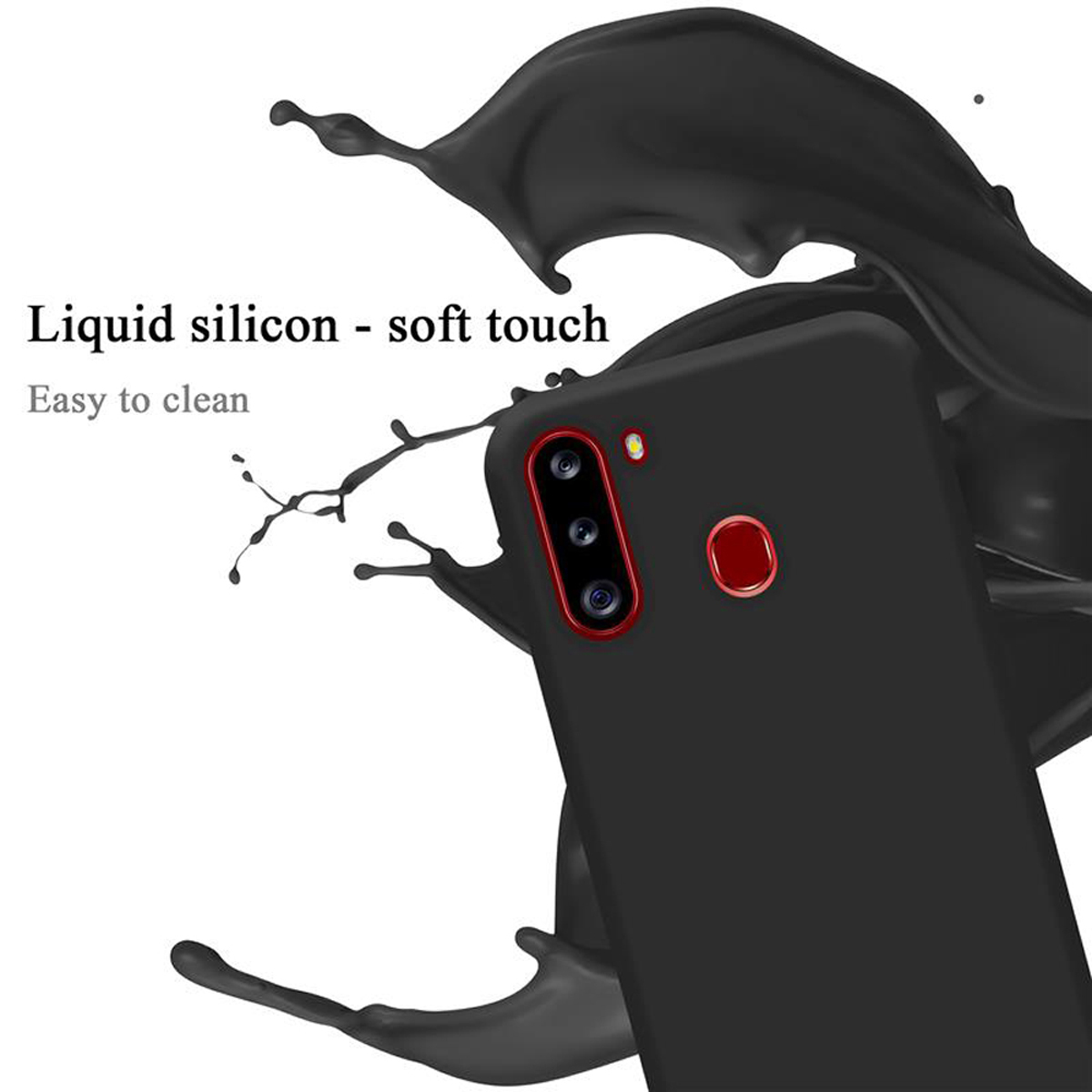 Eine schwarze Handyhülle mit Spritzern an der Seite. Die Handyhülle ist leicht zu reinigen.